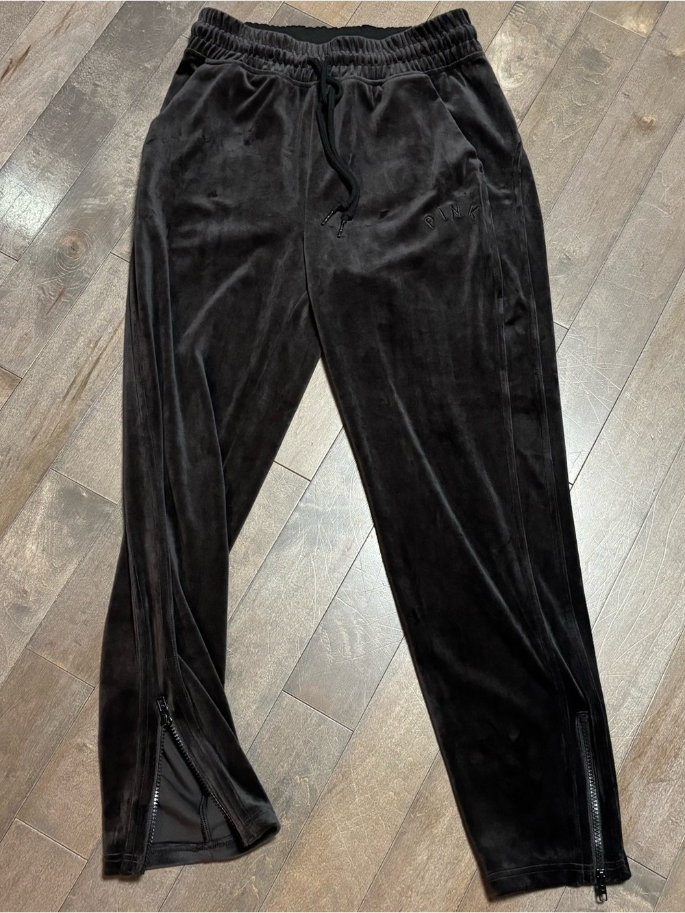 PINK Victoria’s Secret Velour Track Pants Womens M Black Y2K Zip Ankle